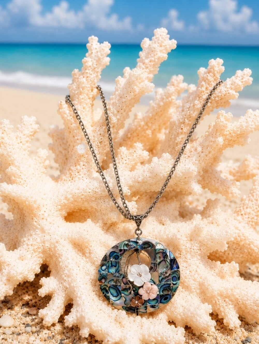 Mosaic Abalone Puau Shell Carved Flowers Floral Necklace Hawaiian Luau Jewelry